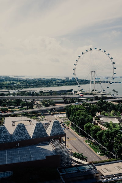 During the day the streets, buildings and aerial photography of the ferris wheel
